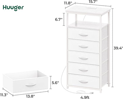 5 Drawers Dresser with Charging Station, Dresser for Bedroom, Tall Night Stand, Chest of Drawers with PU Leather Finish, Open Shelf, Bedside Table Nightstand, for Entryway, White - LeafyLoom