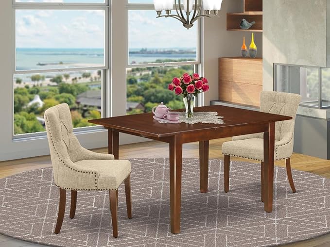 East West Furniture Milan 3 Piece Set Contains a Rectangle Dining Room Table with Butterfly Leaf and 2 Doeskin Linen Fabric Parsons Chairs, 36x54 Inch, Mahogany - LeafyLoom