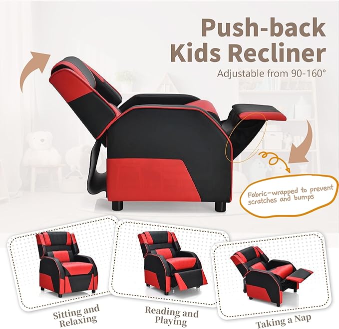 RACER Larger Kids Gaming Chair Leather Recliner Sofa Children Ages 3-12, BlackRed - LeafyLoom