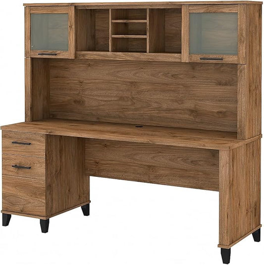 Bush Furniture Somerset Office Desk with Drawers and Hutch, 72W, Fresh Walnut - LeafyLoom