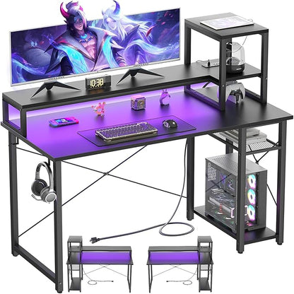 Gaming Desk with Lights & Power Outlets, 47.2'' Computer Desk with Storage Shelves, Small Desk for Small Space, Desk with Monitor Stand, Black - LeafyLoom