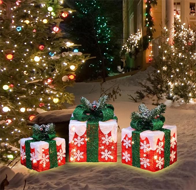 [Large 10"x8.5"x6.5" Christmas Set of 3 Lighted Gift Boxes Decorations Pre-lit 70 Super-Bright LED with Flashers,for Indoor Outdoor Christmas Tree Skirt Ornament Pathway Holiday Party Home GLOWNOVA