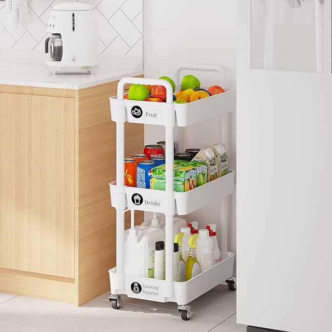 3-Tier Storage Cart,Multifunction Kitchen Storage Organizer,Mobile Shelving Unit Utility Rolling Cart with Lockable Wheels for Bathroom,Laundry,Living Room,With Classified Stickers,White - LeafyLoom