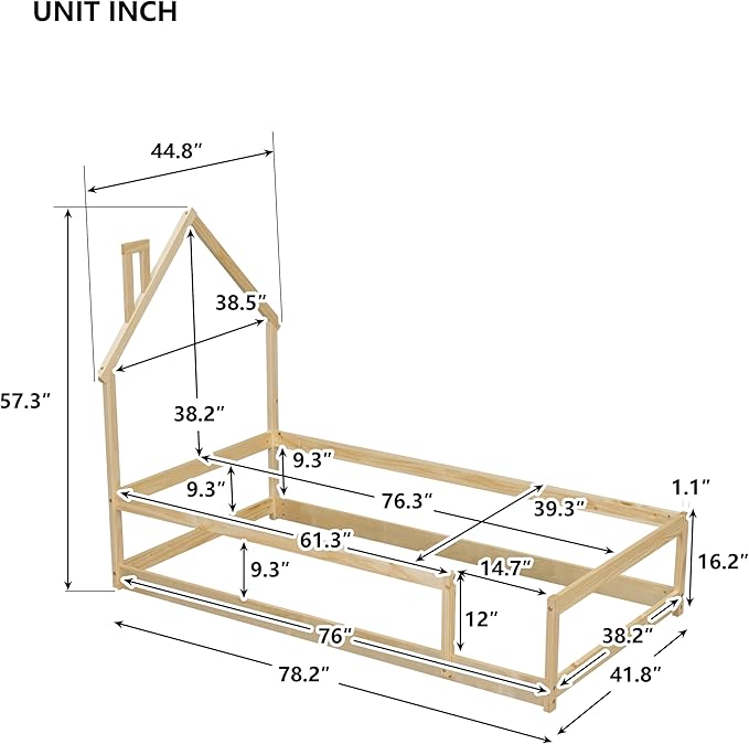 Bellemave Twin Size House-Shaped Headboard Floor Bed with Fence,Wooden Montessori Floor Bed for Kids,House Bed Twin Frame for Girls,Boys (Natural) - LeafyLoom