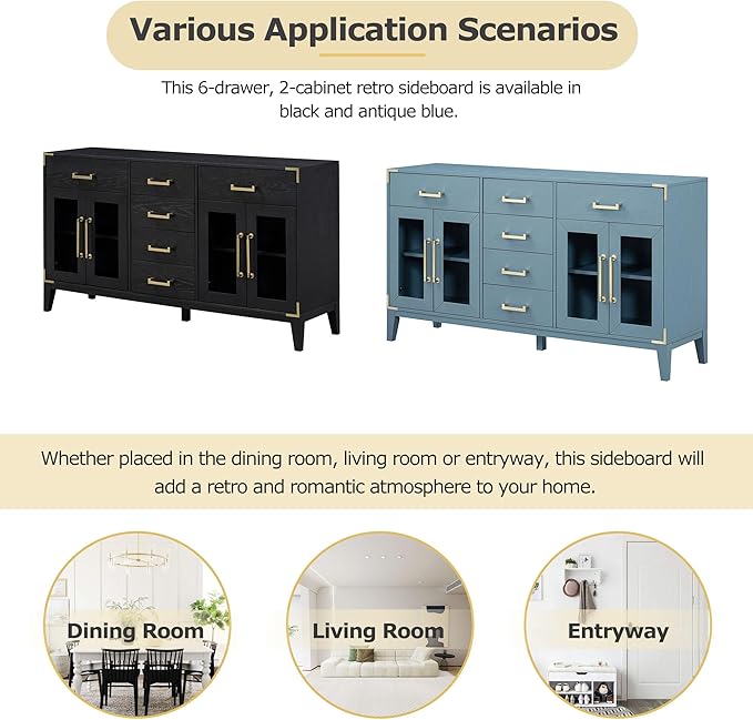 60" Retro Sideboard with 6-Drawer and 2-Cabinet,Multifunctional Buffet,w/Gold Handles & Solid Wood Legs,Extra Large Storage Space,for Kitchen and Living Room,Black - LeafyLoom