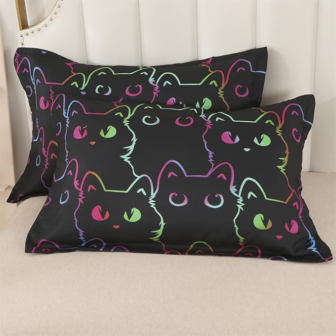 ENCOFT Kids Bedding Set Cat Comforter Set Full for Girls and Boys 3 Piece Cartoon Bed Set Black Comfortable and Breathable All Season for Teens and Adults Room Decor with 1 Comforter and 2 Pillowcases - LeafyLoom