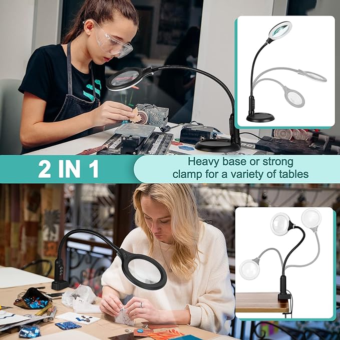 5X Magnifying Glass with Light and Clamp, 5 Color Modes Stepless Dimmable Lighted Magnifier with Stand, Flexible Gooseneck LED Desk Lamp hands Free for Craft Reading Painting Hobby Close Work - LeafyLoom