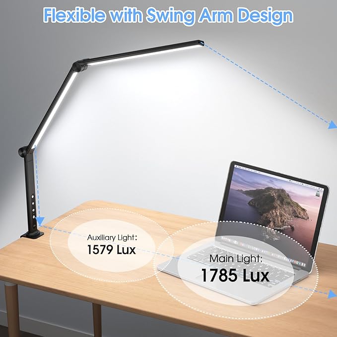 ShineTech LED Desk Lamp with Clamp, Architect Desk Lamp with Dual Light and Adjustable Swing Arm, 4 CCT Modes & 5 Brightness Levels Desk Light - LeafyLoom