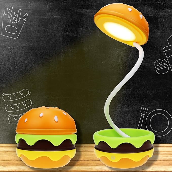 Cute Desk Lamp for Kids, Rechargeable Hamburger Small Desk Lamps with Adjustable Neck Dimmable Touch Switch, Nursery Night Lights, Kawaii Desk Accessories, Kawaii Room Decor for Boys Girls Gifts - LeafyLoom