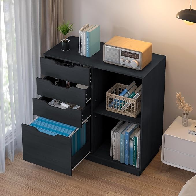 4 Drawers Lateral File Cabinet, Wood Filing Cabinet, Printer Stand with Open Storage Shelves for Home Office, 6 Compartments, Black - LeafyLoom