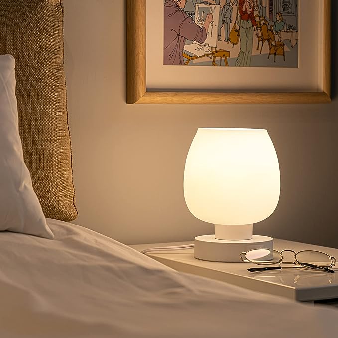 Touch Bedside Table Lamp - Small Lamp for Bedroom with USB C+A Charging Ports 3 Way Dimmable, Nightstand Desk lamp with White Opal Glass Lamp Shade Warm LED Bulb Included, Simple Design Gifts - LeafyLoom