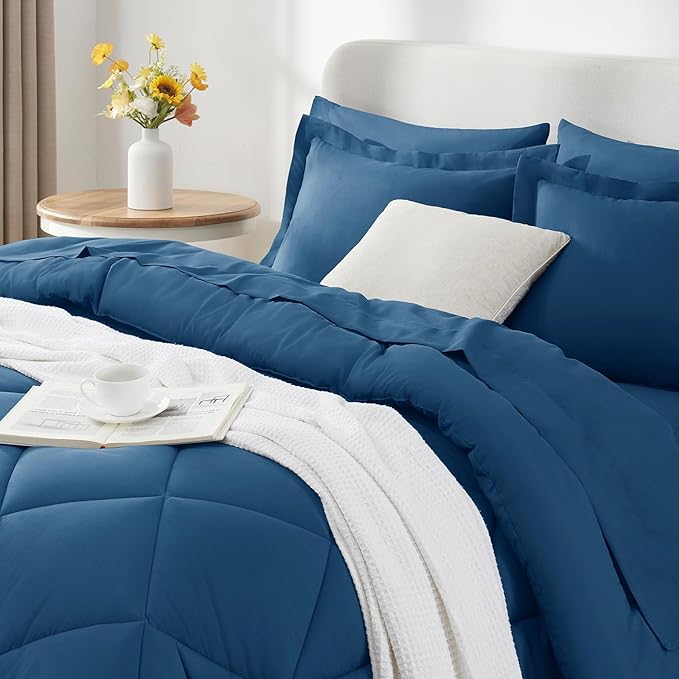 CozyLux Queen Bed in a Bag 7-Pieces Comforter Sets with Comforter and Sheets Teal All Season Bedding Sets with Comforter, Pillow Shams, Flat Sheet, Fitted Sheet and Pillowcases - LeafyLoom