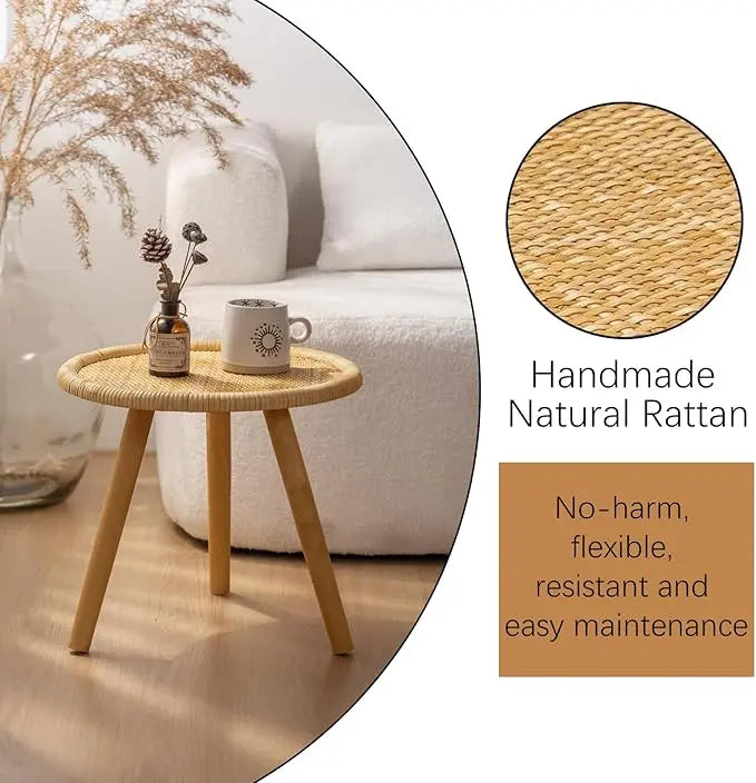 Rattan Round Coffee Table, Boho Circle Side Table End Table for Living Room, Small Mid Century Accent Table for Bedroom Balcony - LeafyLoom