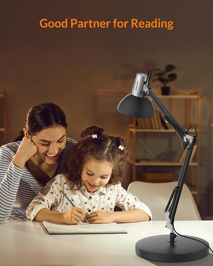 LEPOWER Metal Desk Lamp, Adjustable Goose Neck Architect Table Lamp with On/Off Switch, Swing Arm Desk Lamp with Clamp, Eye-Caring Reading Lamp for Bedroom, Study Room &Office (Black) - LeafyLoom