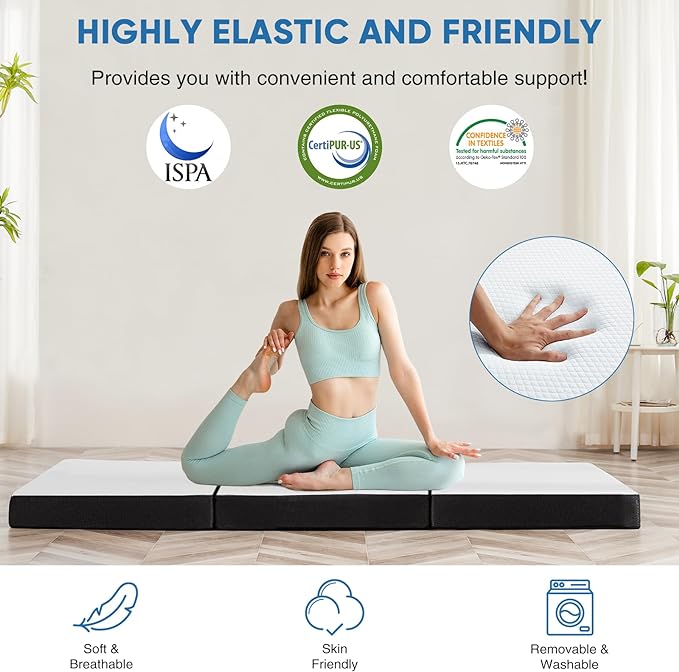 OLIXIS Tri-fold Memory Foam Mattress - 4 Inch Full Size Portable Floor Bed, Foldable Mat for Kids and Adults, Collapsible and Washable Cover with CertiPUR-US Certified, for Travel & Camping & Yoga - LeafyLoom