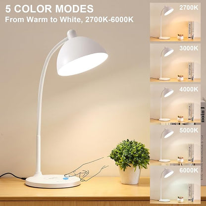 BOHON Desk Lamp, LED Desk Lamp with USB Charging Port, Wireless Charger Desk Light for Home Office, 5 Colors 6 Levels Brightness, Touch Table Lamp for Bedroom Bedside College Dorm Reading, White - LeafyLoom