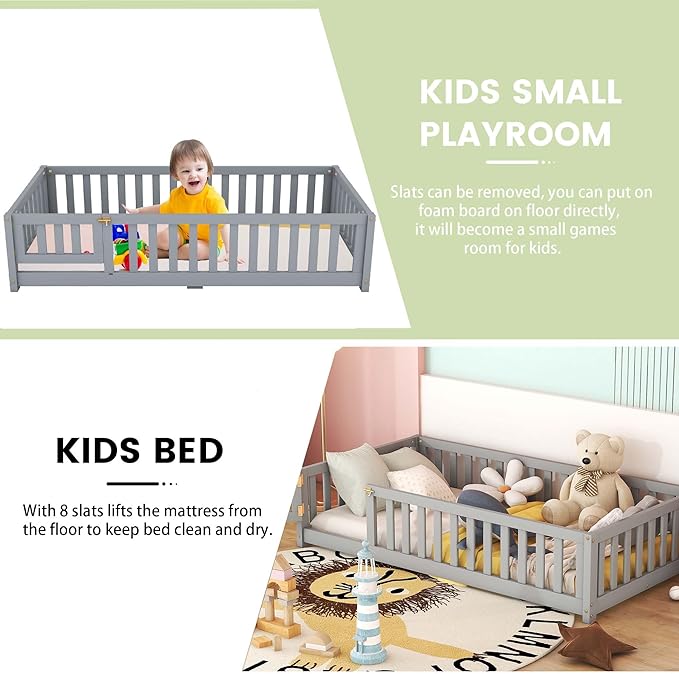 Multifunctional Twin Size Floor Bed with Safety Guardrails and Door, Removable Wood Slats, Montessori Beds Frame for Toddlers, for Boys and Girls, Gray - LeafyLoom