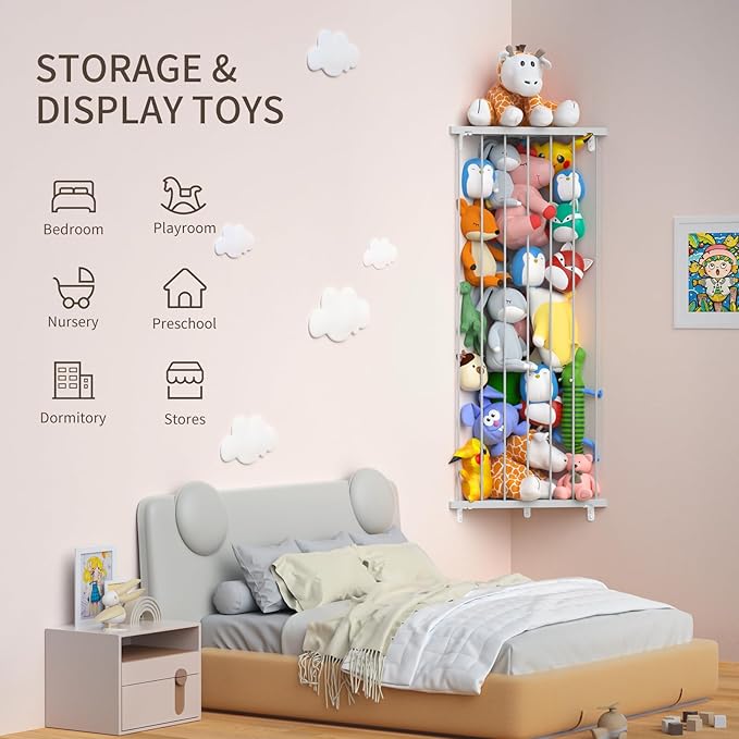 Stuffed Animal Storage Toy Organizer: Corner Stuff Animals Holder for Wall with Adjustable Length - Kids Plush Toys Storage for Nursery Playroom Bedroom Kids Room(Gray) - LeafyLoom