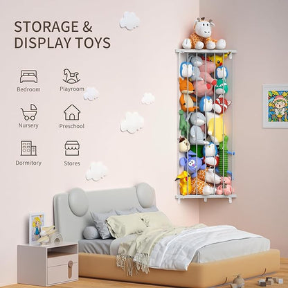 Stuffed Animal Storage Toy Organizer: Corner Stuff Animals Holder for Wall with Adjustable Length - Kids Plush Toys Storage for Nursery Playroom Bedroom Kids Room(Gray) - LeafyLoom