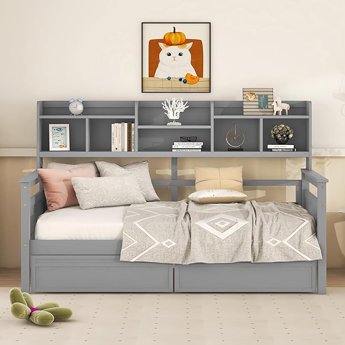 Merax Twin Wood Daybed with Bedside Shelves and Two Drawers Sofa Bed Frame for Kids Boys Girls/No Box Spring Needed Gray - LeafyLoom