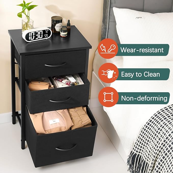 Yoobure Nightstand with Drawer, Night Stand Bedside Table with 3 Storage Drawers, Kid Nightstand with Three Fabric Drawer Modern Night Table, Bed Side Tables for Bedroom, Dorm and Small Spaces - LeafyLoom