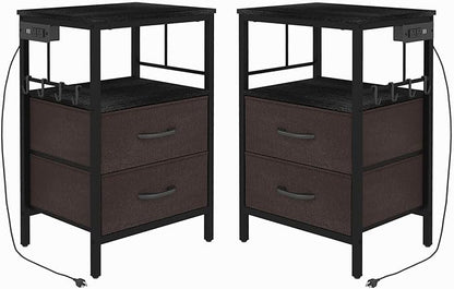 Nightstands set 2 for Bedroom Decor, Bedside Table with Charging Station, Night Stands with Fabric Drawers and Open Shelf, Side Table with USB Ports & Outlets (Black,2) - LeafyLoom