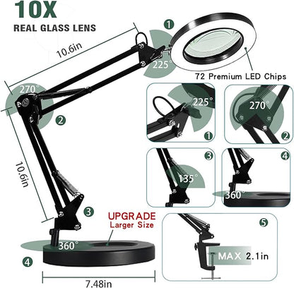 Magnifying Glass with Light and Stand, 10X Magnifying Lamp, 2-in-1 Magnifying Desk Lamp with Clamp, 3 Color Mode, Magnifying Glasses with Light for Close Work (1st Generation Base ＆ Clamp) - LeafyLoom