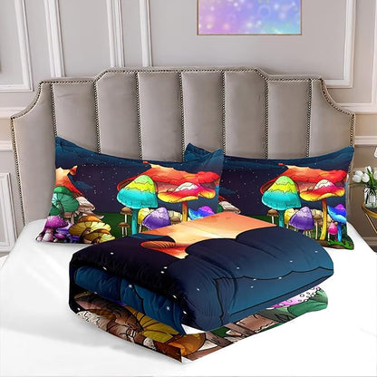 Girls Mushroom Comforter Set Queen Mushroom Bedding for Girls Mushroom Print Queen Size Bedding Set Cartoon Mushroom Pattern Kids Bedding Set, Colorful, 1 Comforter+2 Pillowcases - LeafyLoom