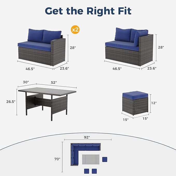 Solaste 7 Piece Outdoor Patio Furniture Set, Outdoor Sectional PE Rattan Patio Conversation Sofa with All Weather Dining Table Chair Set, Blue - LeafyLoom