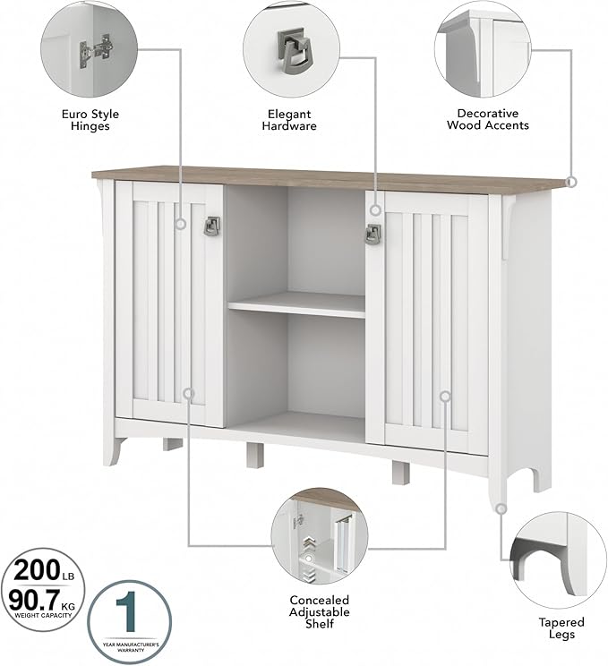 Bush Furniture Salinas Accent Storage Cabinet with Doors in Pure White and Shiplap Gray - LeafyLoom