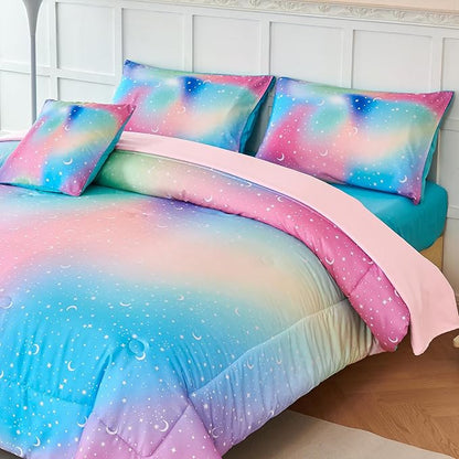 URBONUR Girls Full Bedding Set 6 Pieces Rainbow Comforter Set Full Size Multicolor Stars Printed Bed in a Bag, Soft & Fluffy Kids Bed Sets - LeafyLoom