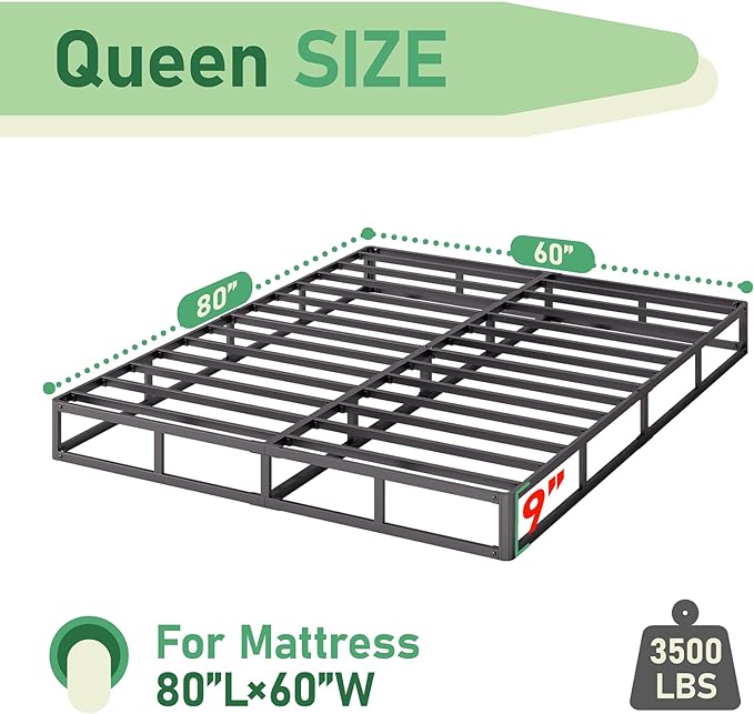 Queen Bed Frame, 9 Inch High Metal Box Spring with More Steel Slats Support, Sturdy Platform Bedframe Low to Floor, 3500 Lbs Weight Capacity Heavy Duty Mattress Base, Easy Assembly, Black - LeafyLoom