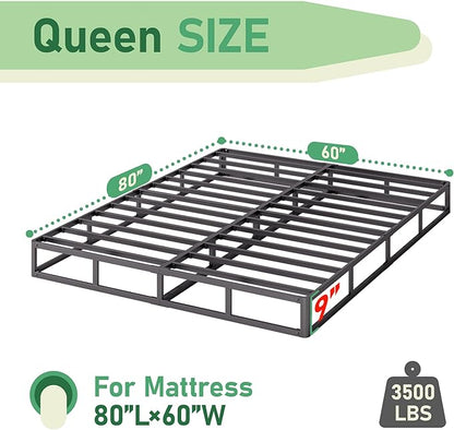 Queen Bed Frame, 9 Inch High Metal Box Spring with More Steel Slats Support, Sturdy Platform Bedframe Low to Floor, 3500 Lbs Weight Capacity Heavy Duty Mattress Base, Easy Assembly, Black - LeafyLoom