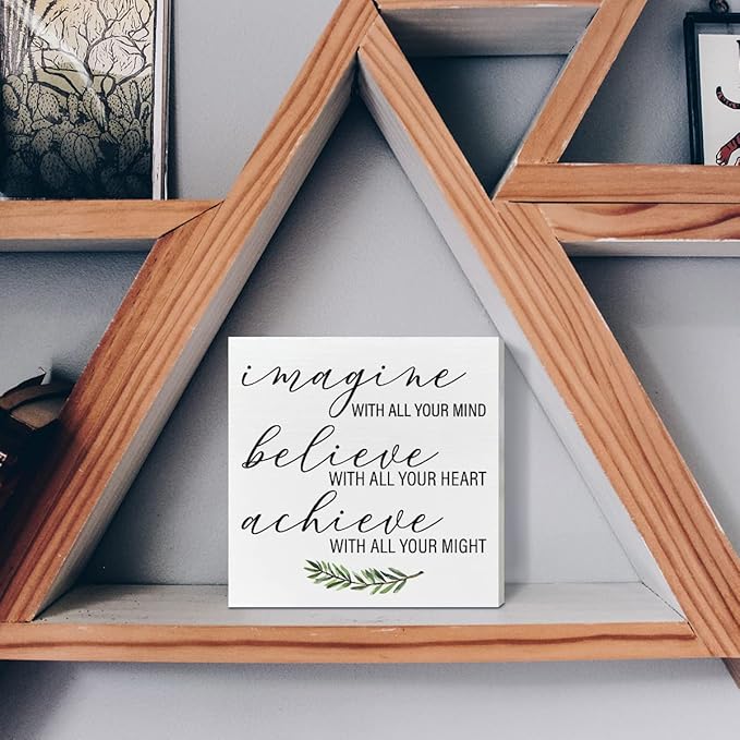 Home Office Desk Wooden Box Sign Decor, Imagine with All Your Mind, Inspirational Quotes Desk Decor Motivational Desk Decorations for Women Men Student Office Classroom School - LeafyLoom