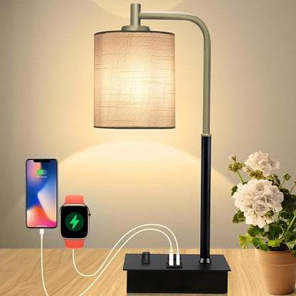 Bedside Table Lamp with USB Ports and Outlet, Lamp for Nightstand Fully Dimmable Fabric Shade Lamp, Desk Lamp for Bedroom Guestroom Living Room & Hotel LED Bulb Included - LeafyLoom