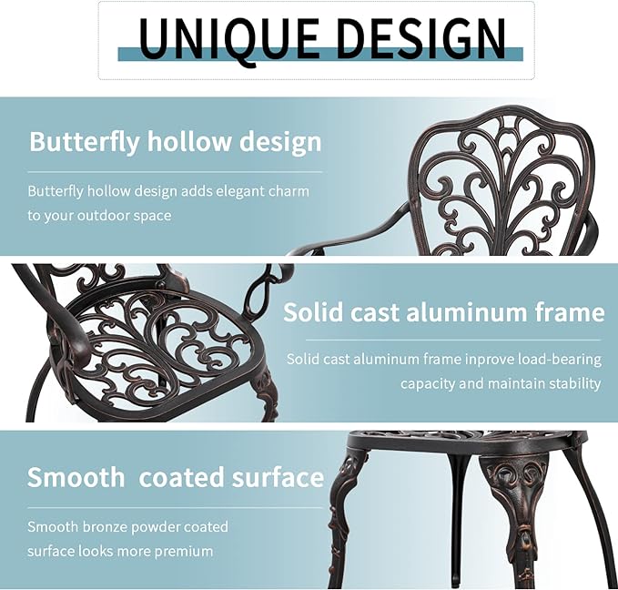 Outdoor Bistro Table and Chairs Set of 2 Cast Aluminum Patio Bistro Set with Umbrella Hole, All Weather Bistro Table Set for Garden, Bronze - LeafyLoom