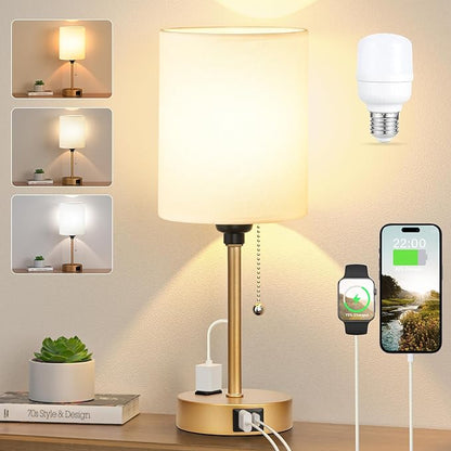 Dicoool Small Bedside Lamps 3 Color Modes - 2700K 3500K 5000K Bedroom Lamps with USB C and A Ports, Pull Chain Gold Table Lamps with AC Outlet, Nightstand Lamps with Gold Metal Base for Kids Reading - LeafyLoom