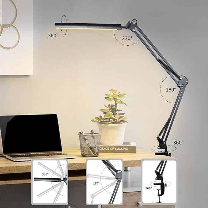 Adjustable Swing Arm Desk Lamp with Clamp, LED Desk Lamp,Dimmable Desk Light, 3 Colors 10 Brightness Adjustable Flexible Gooseneck, Architect Task Lamp for Home Office - LeafyLoom