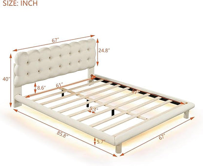 RITSU Queen Size Velvet Fabric Platform Bed, Solid Wood Bedframe with LED, Button Tufted Headboard, includes 16 Colors Lights Can Remote Control, No Box Spring Needed, Beige - LeafyLoom