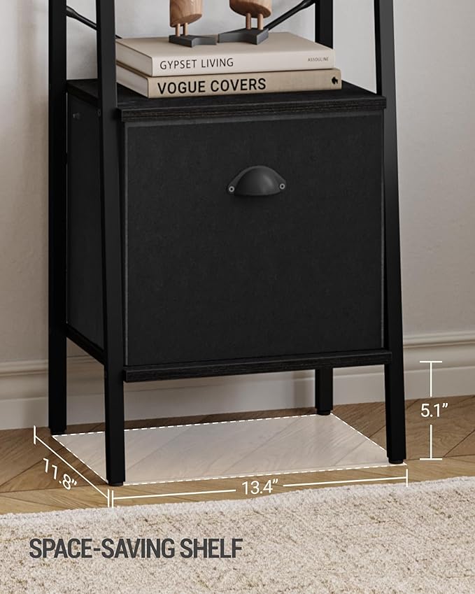 Narrow Bookshelf Bookcase with Drawer, Ladder Shelf with 2 Hooks, Bookshelves Storage Organizer, Freestanding Display Standing for Home Office, Bedroom, 5 Tier Black BC19504B - LeafyLoom