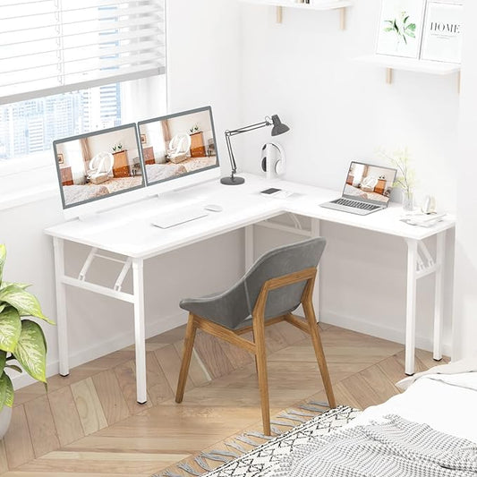 DlandHome L-Shaped Folding Computer Desk 55inches and 55inches Left and Right Adjustable Half-Installed Home Office Workstation Corner Table,White +White - LeafyLoom