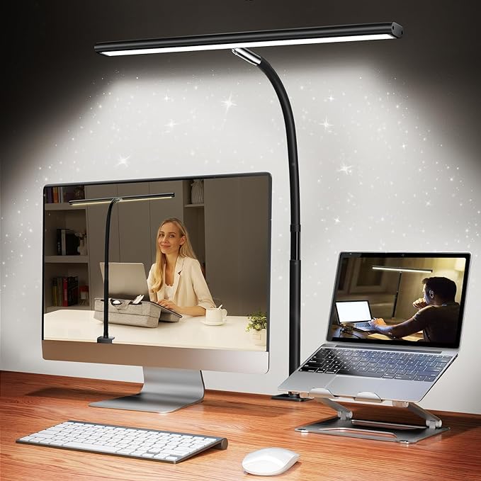 LED Desk Lamp for Office Home, Eye-Caring Desk Light with Stepless Dimming Adjustable Flexible Gooseneck, 10W USB Adapter Desk Lamp with Clamp for Reading, Study, Workbench (Black) - LeafyLoom