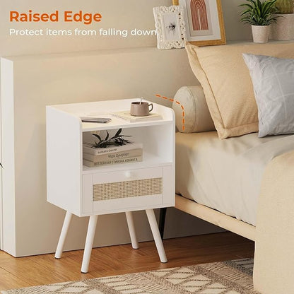 SUPERJARE Nightstand with Charging Station & Rattan-Like Decor Drawer, Rattan End Table with Solid Wood Feet, Bed Side Table with Open Storage, for Bedroom, Living Room, Dormitory - White - LeafyLoom