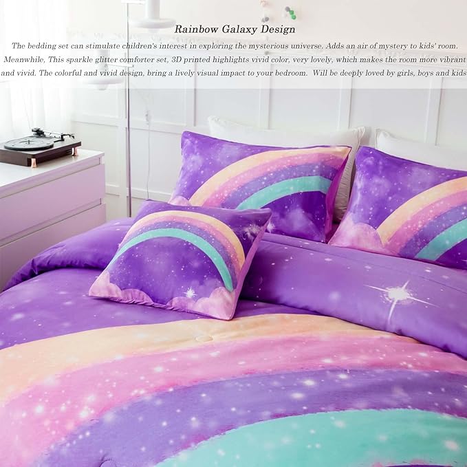 Purple Rainbow Girls Full Size Comforter Set, 6 Pieces Gradient Glitter Kids Bedding Sets, Galaxy Kids Bedroom Decor Bed in A Bag with Sheets for Girls Teens - LeafyLoom