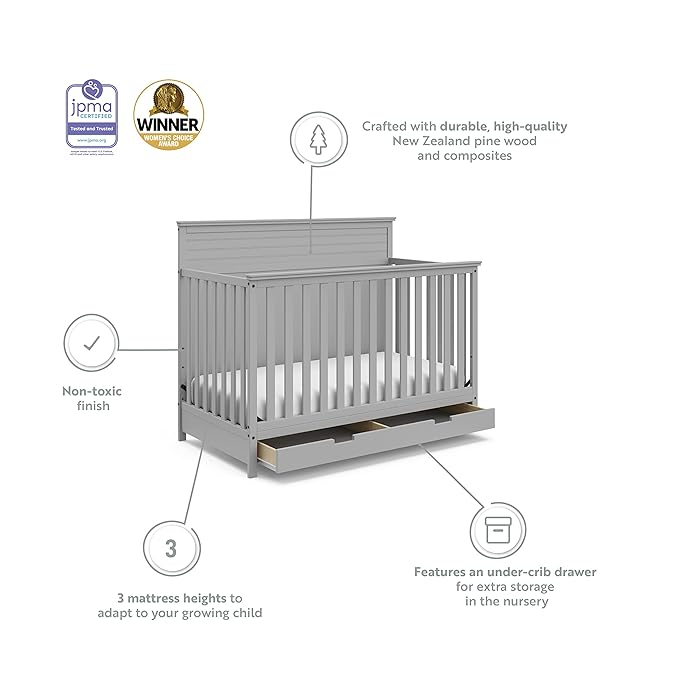 STORKCRAFT Homestead 5-in-1 Convertible Crib with Drawer (Pebble Gray) – GREENGUARD Gold Certified, Crib with Drawer Combo, includes Nursery Storage Drawer, Converts to Toddler Bed and Full-Size Bed - LeafyLoom