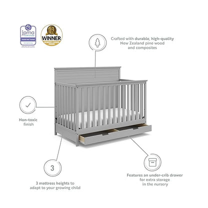 STORKCRAFT Homestead 5-in-1 Convertible Crib with Drawer (Pebble Gray) – GREENGUARD Gold Certified, Crib with Drawer Combo, includes Nursery Storage Drawer, Converts to Toddler Bed and Full-Size Bed - LeafyLoom