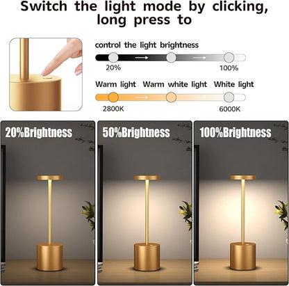 2Pack Cordless Table Lamp, Rechargeable LED Battery 5000mAh Metal USB Portable Powered Desk Lamp, 3 Levels Brightness Light for Restaurants Outdoor (2pack 10.25in Gold) - LeafyLoom