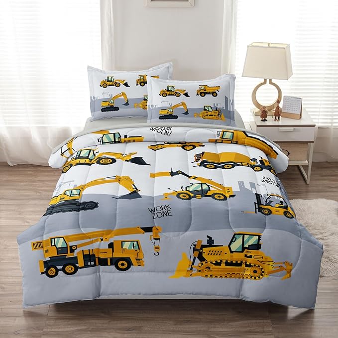 4-Pcs Construction Twin Size Boys Bedding Set, Kids Comforter Set for Teens with Sheets and Pillowcase, Soft Grey Tractor Cars Bed in a Bag Sets - LeafyLoom