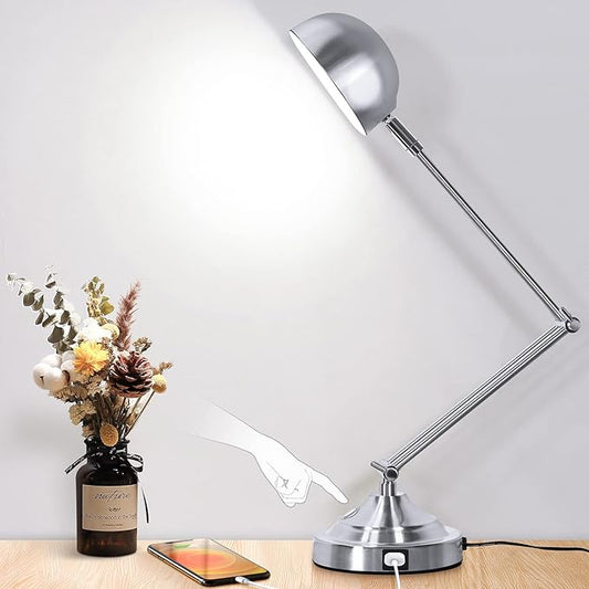 Touch Control LED Desk Lamp with USB Charging Port, Architect Brushed Nickle Lamp with Adjustable Swing Arm, Dimmable Silver Desk Lamp for Home Office Reading Study, 3000K/4000K/5000K 3 Color Modes - LeafyLoom