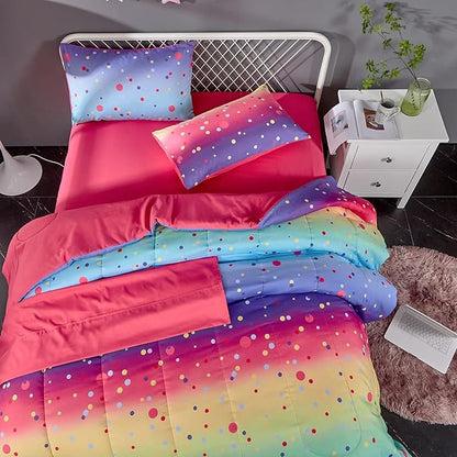 Colorful Polka Dots Rainbow Comforter Set for Teen Girls Women,Twin Size 4 Piece Bed in A Bag,Circles Printed Comforter and Sheets,Ultra Soft Microfiber All Season Bedding Set(Twin,Dots) - LeafyLoom